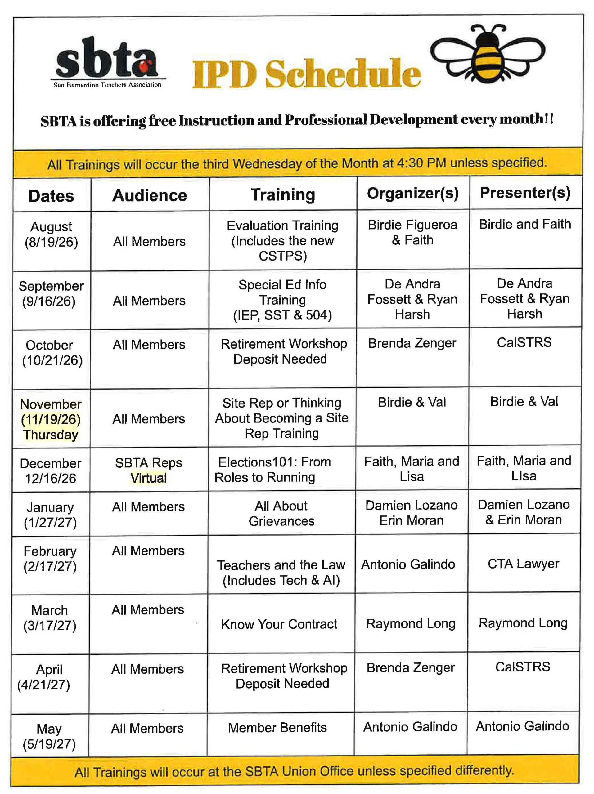 IPD Schedule 2026-2027